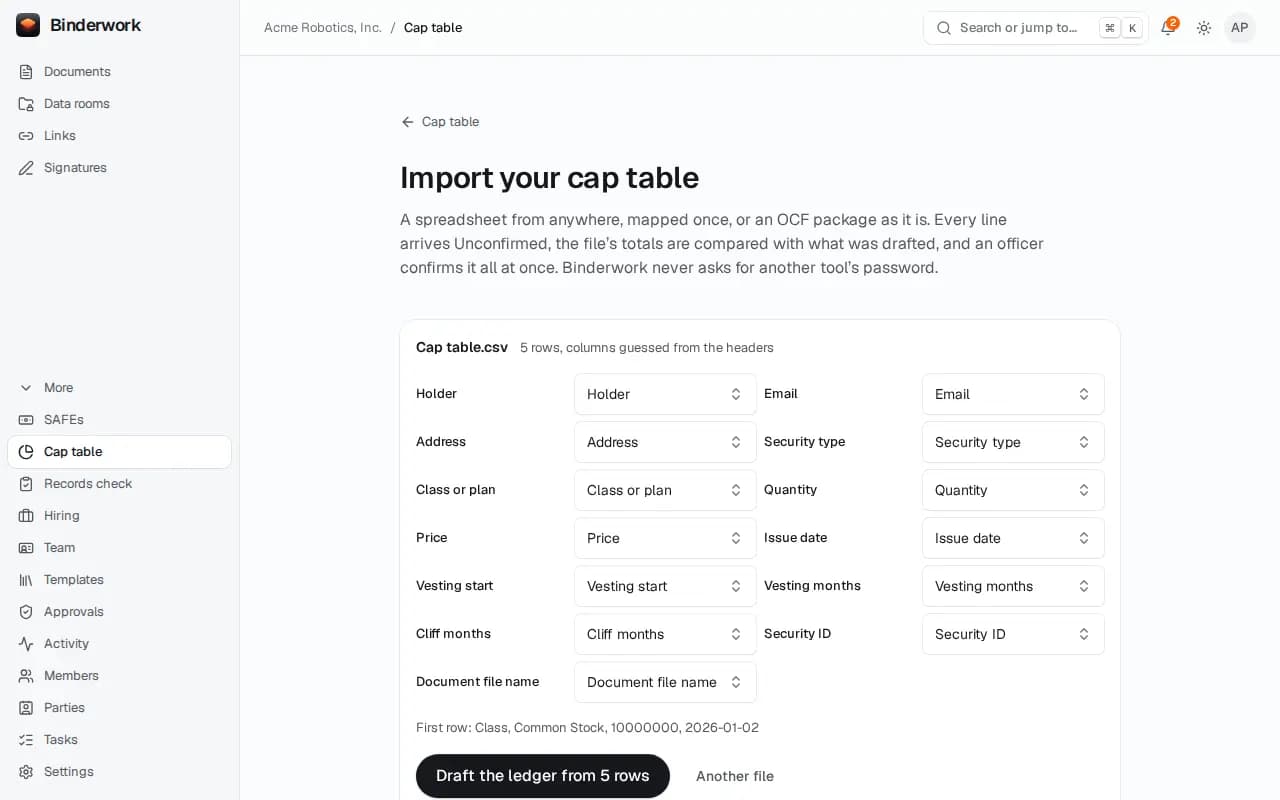Import your cap table: a spreadsheet's columns matched to holder, class, quantity and dates.