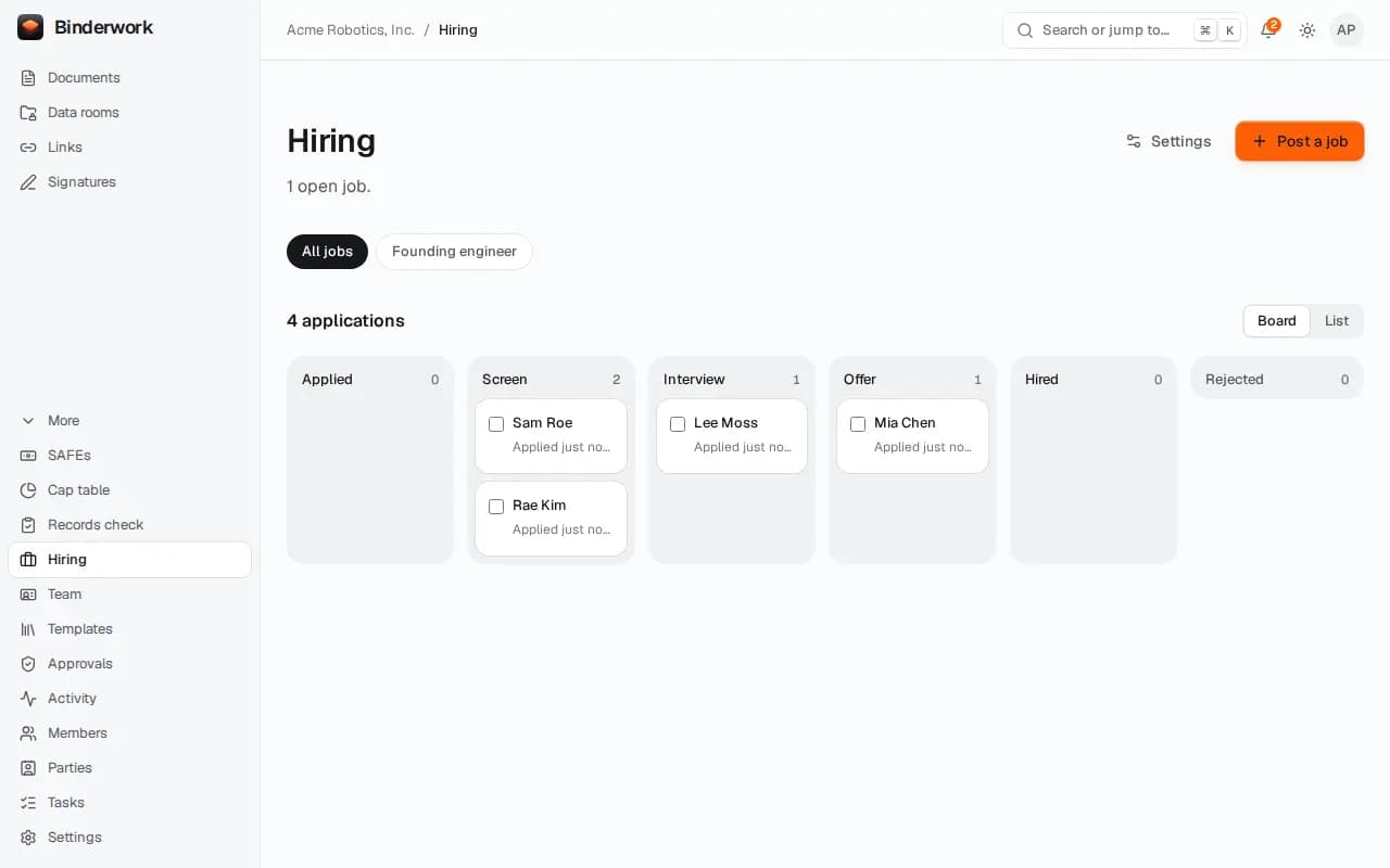 Hiring's board for Founding engineer: candidates in Applied, Screen, Interview and Offer.