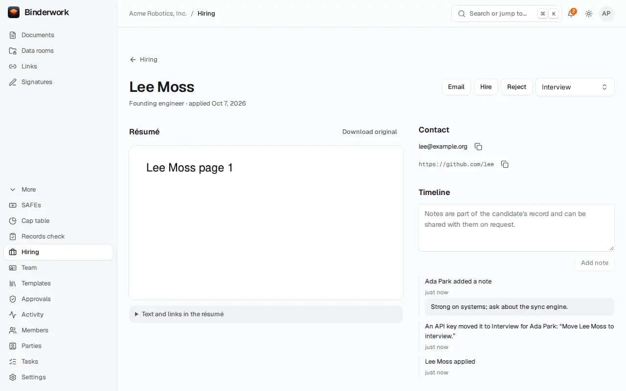 A candidate's page with their résumé, answers, a note and the timeline.
