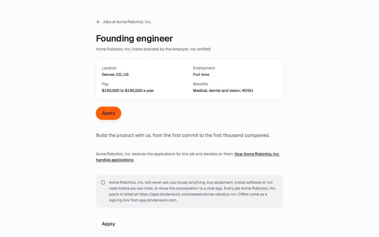 A public job page for a founding engineer at Acme Robotics, with the pay range and Apply.