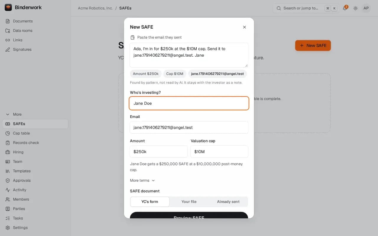 The New SAFE dialog with a pasted email, and Jane Doe, $250k and a $10M cap filled in from it.