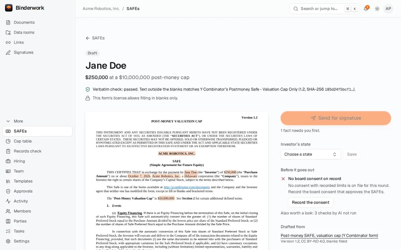 A SAFE for Jane Doe, $250,000 at a $10,000,000 post-money cap, with YC's form and the verbatim check passed.