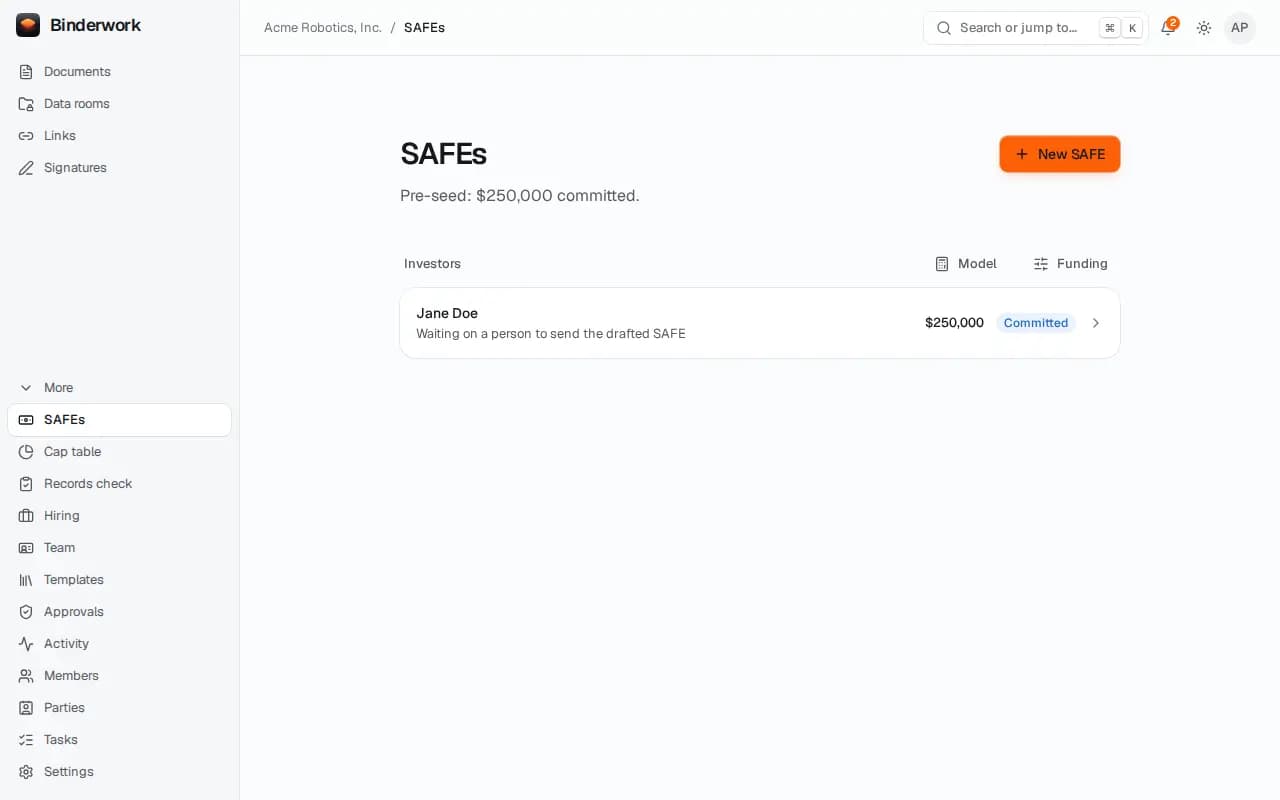 SAFEs: a pre-seed round with $250,000 committed by Jane Doe.