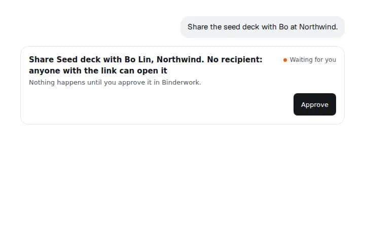 A chat card: Share Seed deck with Bo Lin, Northwind, waiting for you, with Approve.