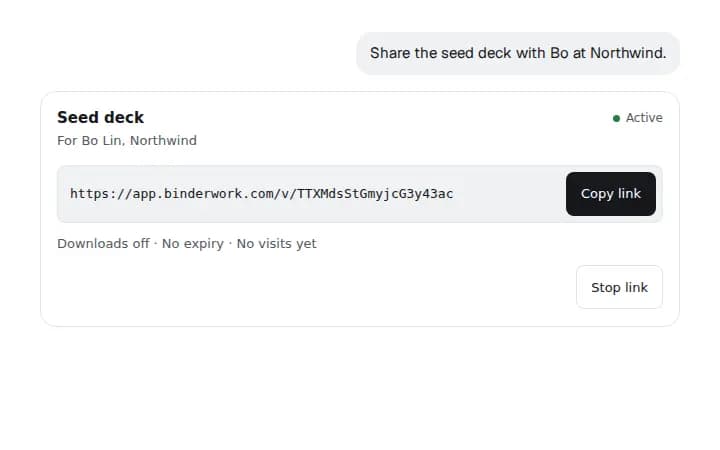 A chat card with the seed deck's link for Bo Lin at Northwind, active, with Copy link.