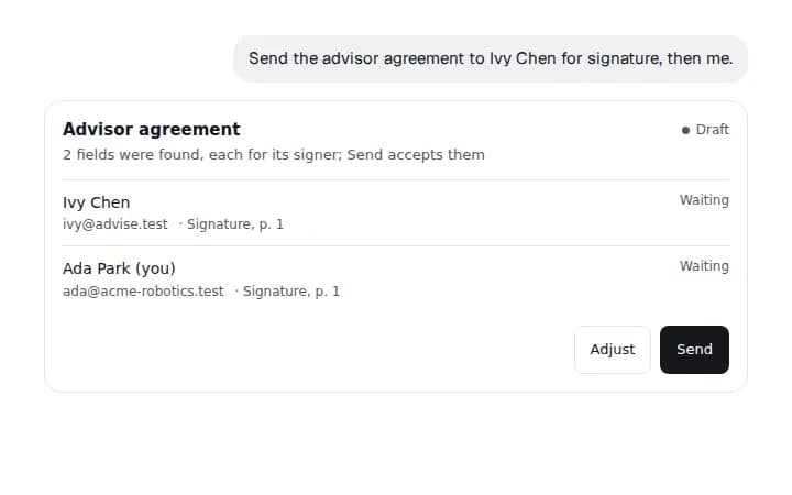 A chat card for the advisor agreement: a draft with Ivy Chen and you, a signature field each, with Adjust and Send.