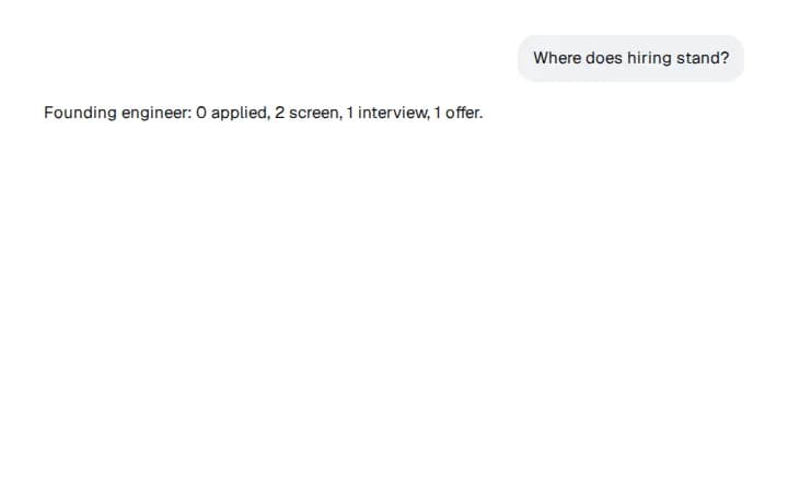 In a chat, Binderwork's answer: Founding engineer, with how many candidates are at each stage.