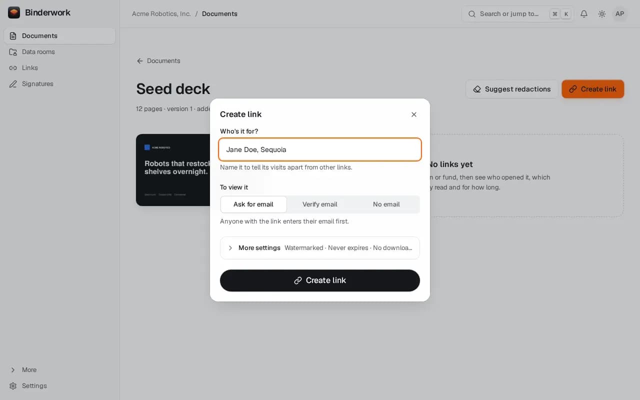 The Create link dialog for Jane Doe at Sequoia, asking readers for their email.