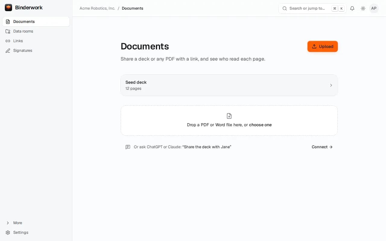 The Documents page with Seed deck, 12 pages, and a place to drop more files.