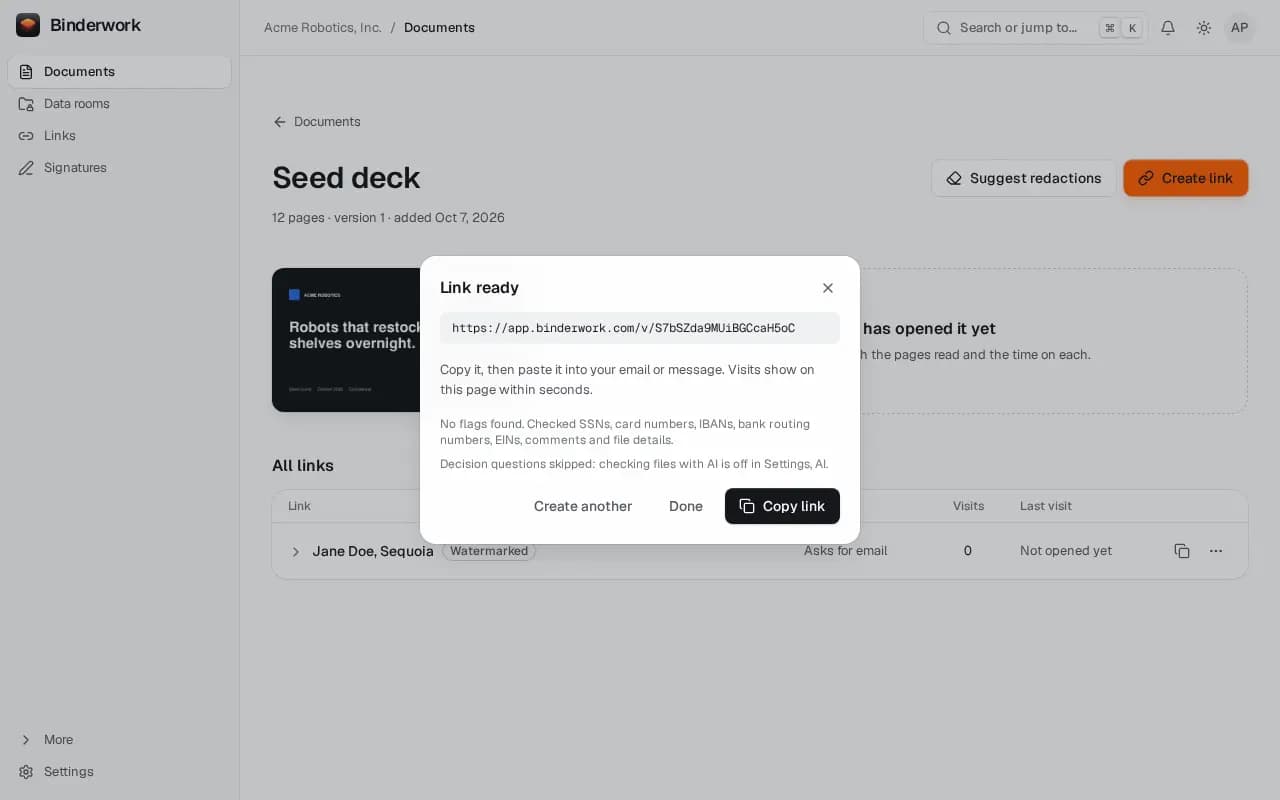 Link ready: the new link with Copy link, Create another and Done.