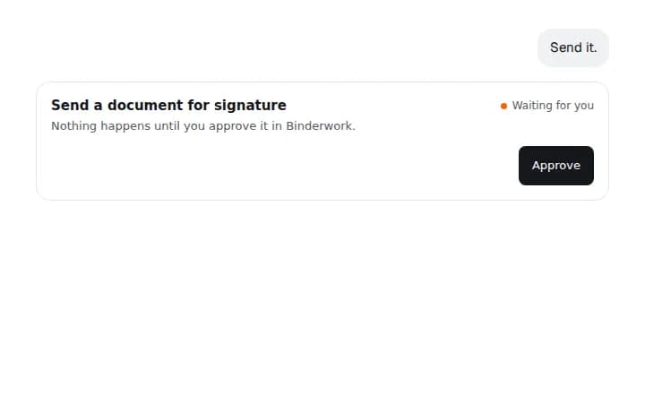Binderwork's card in a chat: sending the advisor agreement, waiting for you, with Approve.