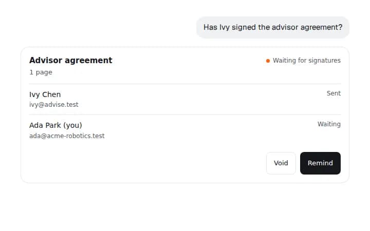 Binderwork's envelope card in a chat: the advisor agreement, sent, waiting for Ivy Chen and then you.