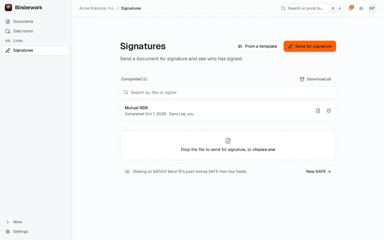 Signatures, Completed: the mutual NDA, signed by Dana Lee and you, with its PDF and evidence.
