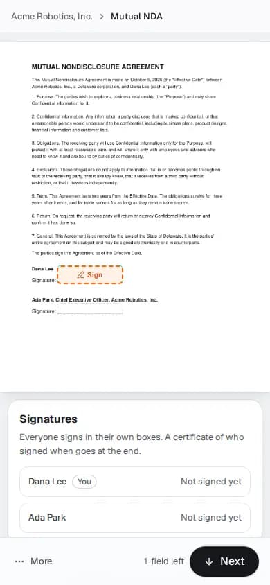 A signer's view of a mutual NDA on a phone, with the signature field to fill and Next at the bottom.